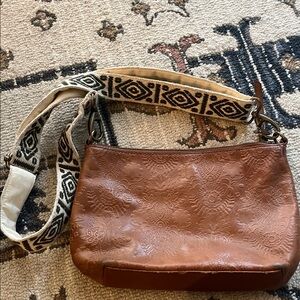 The Sak Tan Embossed Shoulder Bag with Patterned Strap